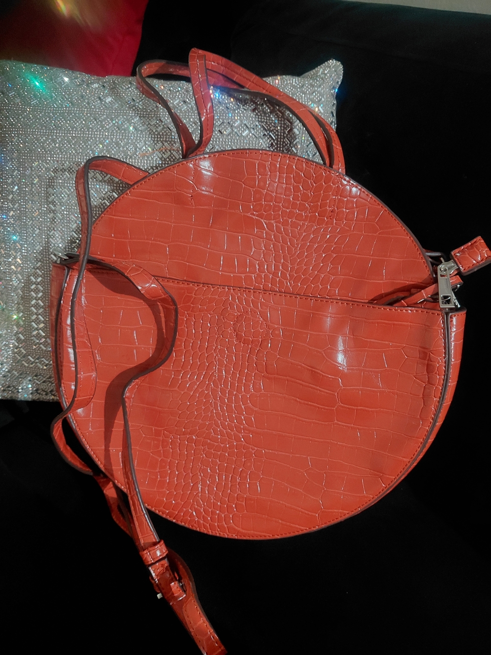 Orange Croc-Embossed Round Crossbody Bag - Women's Fashion